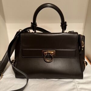Salvatore Ferragamo Gancini Dark Brown Handle Top Leather Bag.  Authentic.
